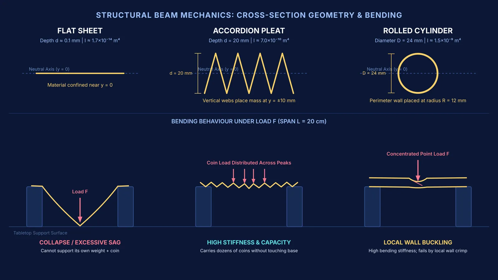 Cross-sections and Euler-Bernoulli deflections for flat, folded, and rolled paper beams.