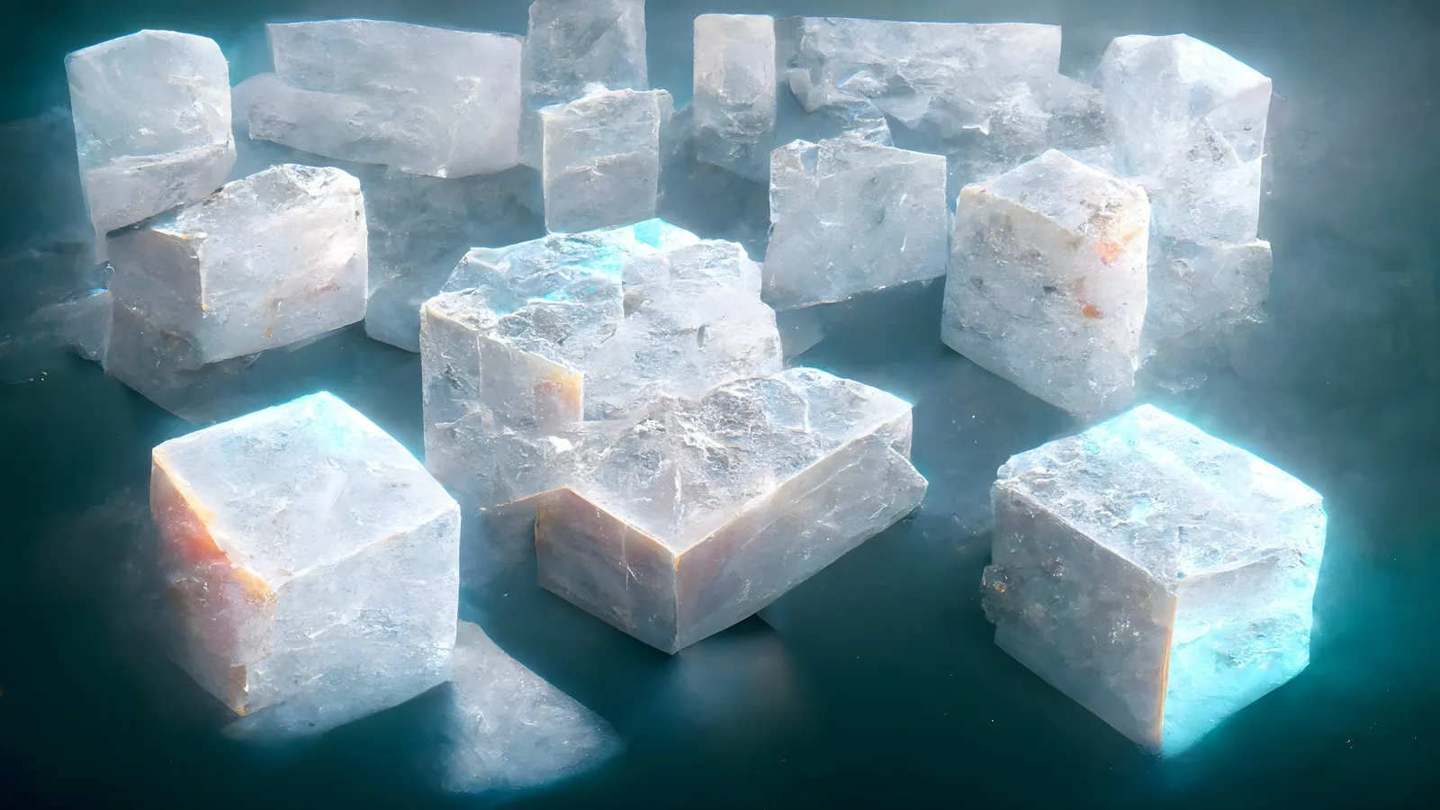 Cube-shaped salt crystals lit in blue light