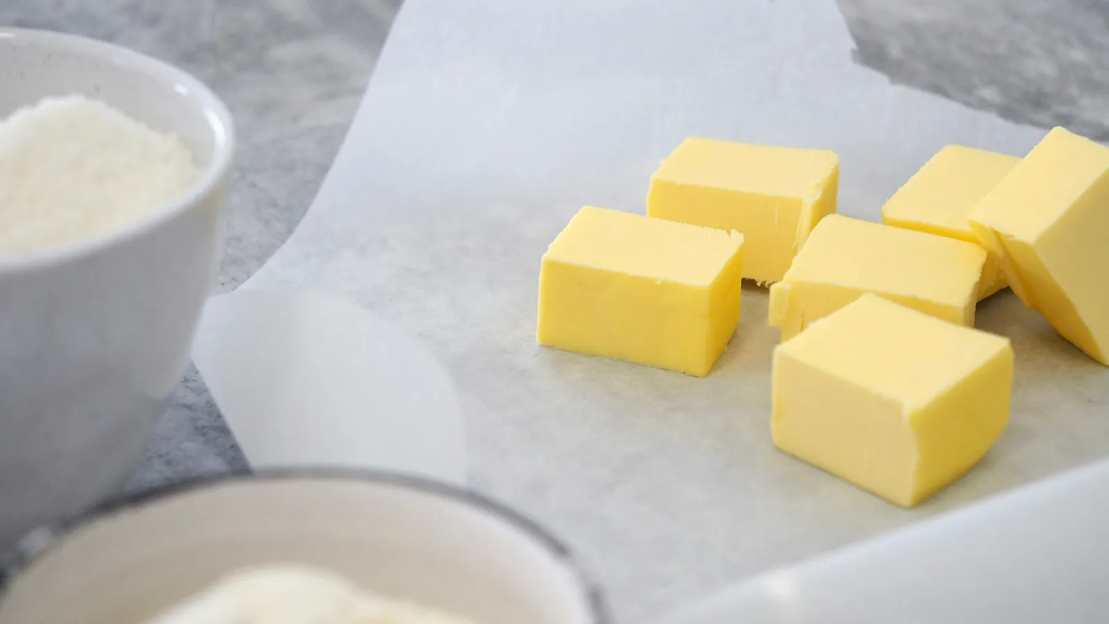 Cubes of butter on baking paper