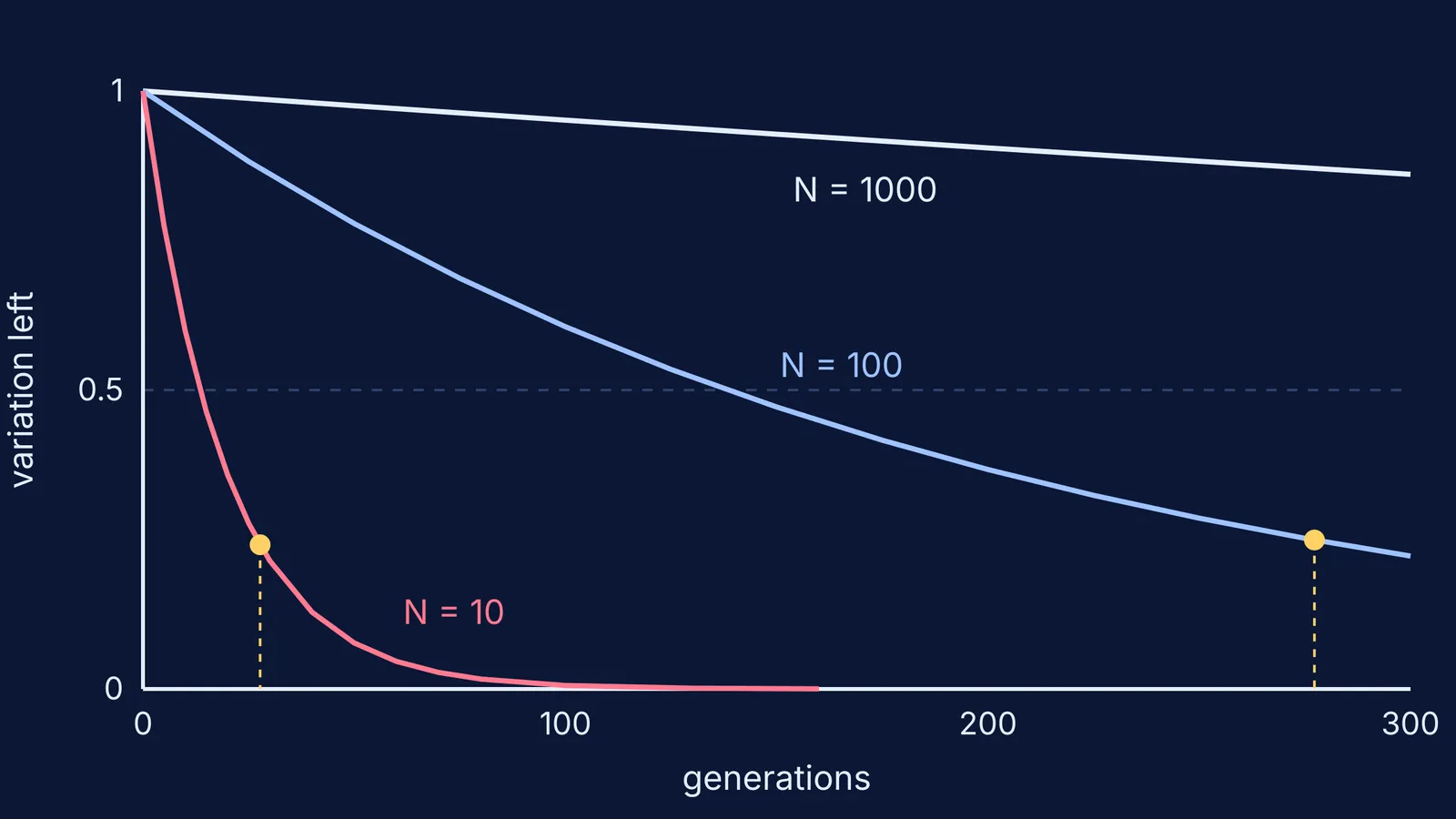 Curves showing genetic variation fading far faster in small populations under drift