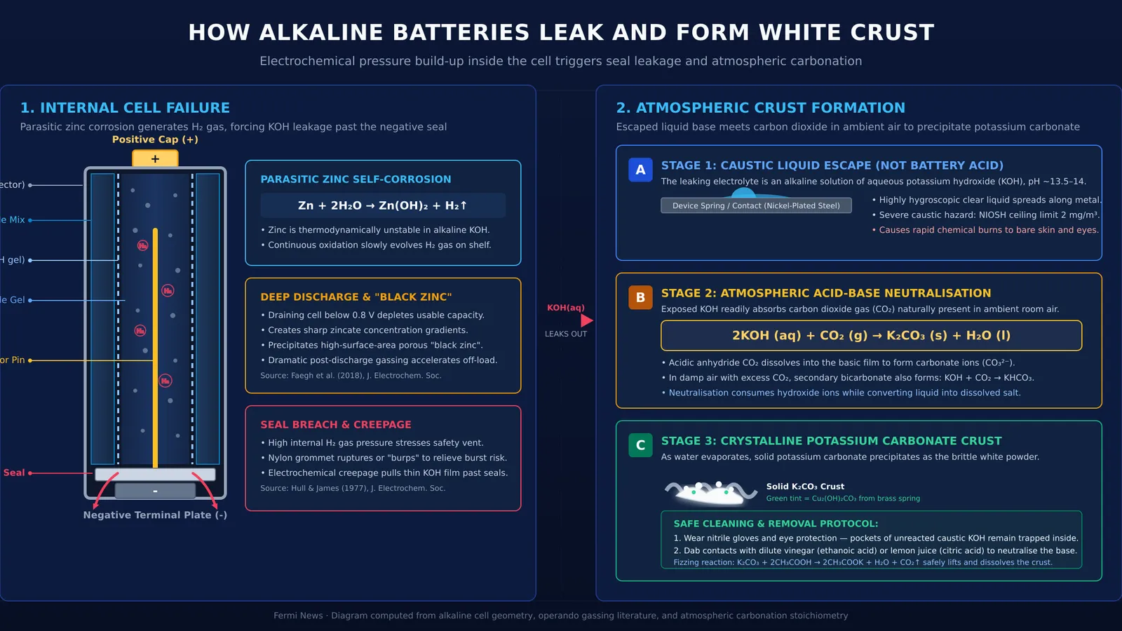 Cutaway diagram of alkaline battery showing hydrogen gassing and potassium carbonate crust formation