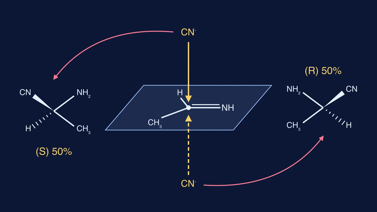 Cyanide adding to both faces of a flat imine gives two mirror-image aminonitriles