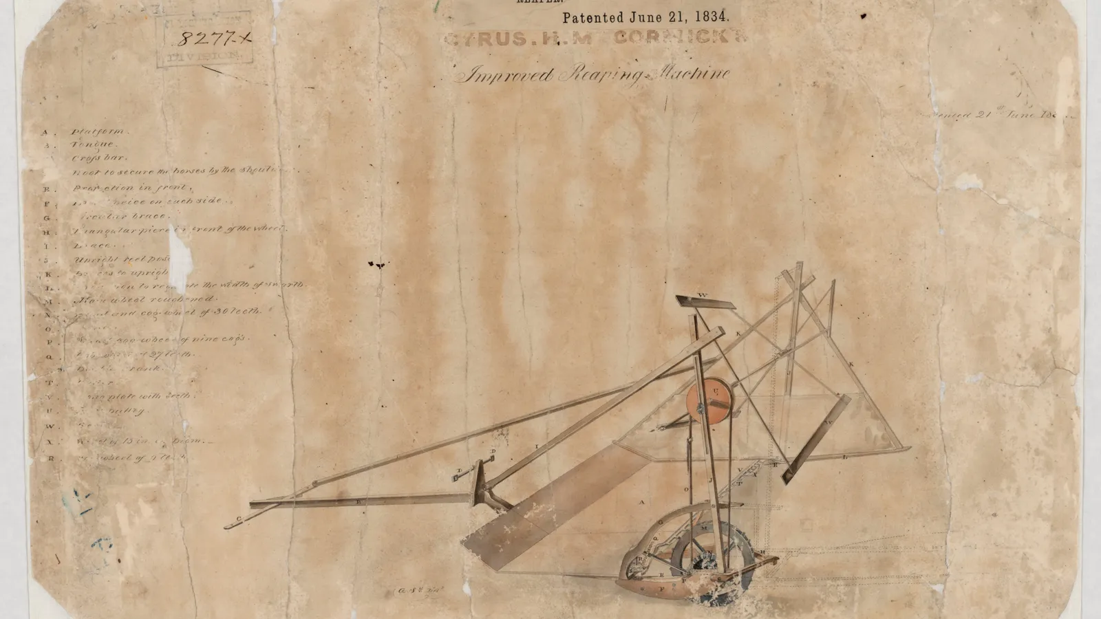 Cyrus McCormick's 1834 patent drawing of his horse-drawn reaping machine