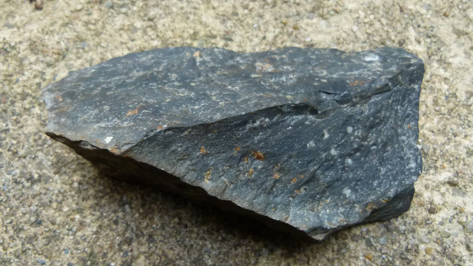 Dark grey metarhyolite, an altered ancient lava rock, resting on sandy ground