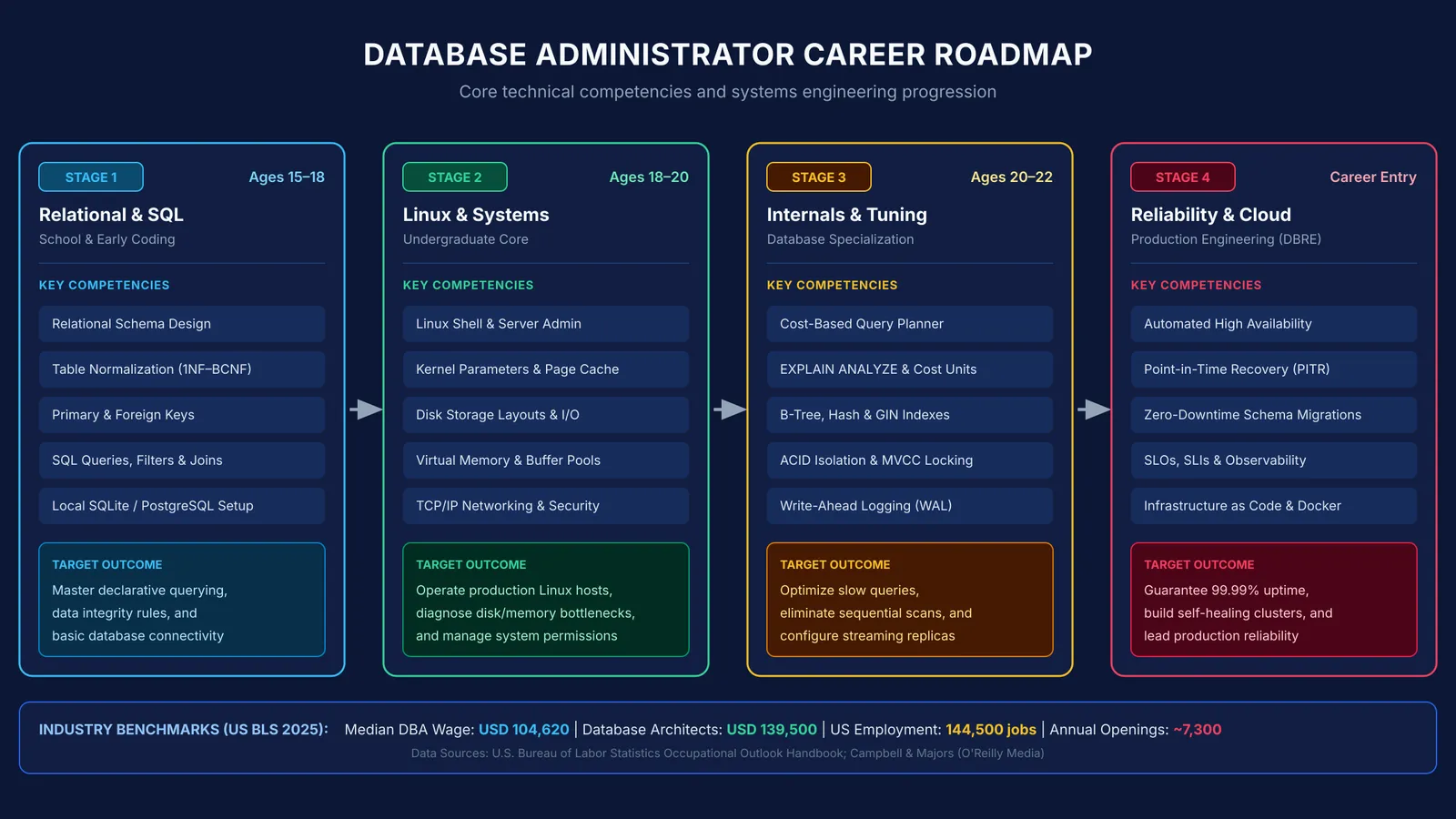 Database administrator career roadmap showing technical skill progression from SQL foundations to reliability engineering