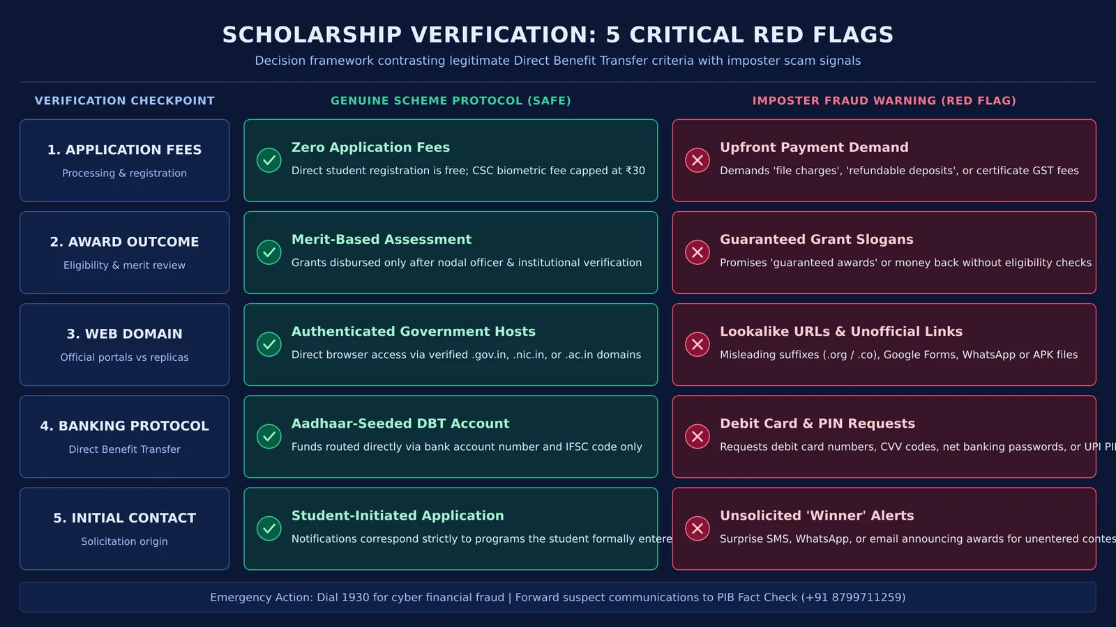 Decision flowchart contrasting genuine scholarship criteria with five fraudulent scam red flags