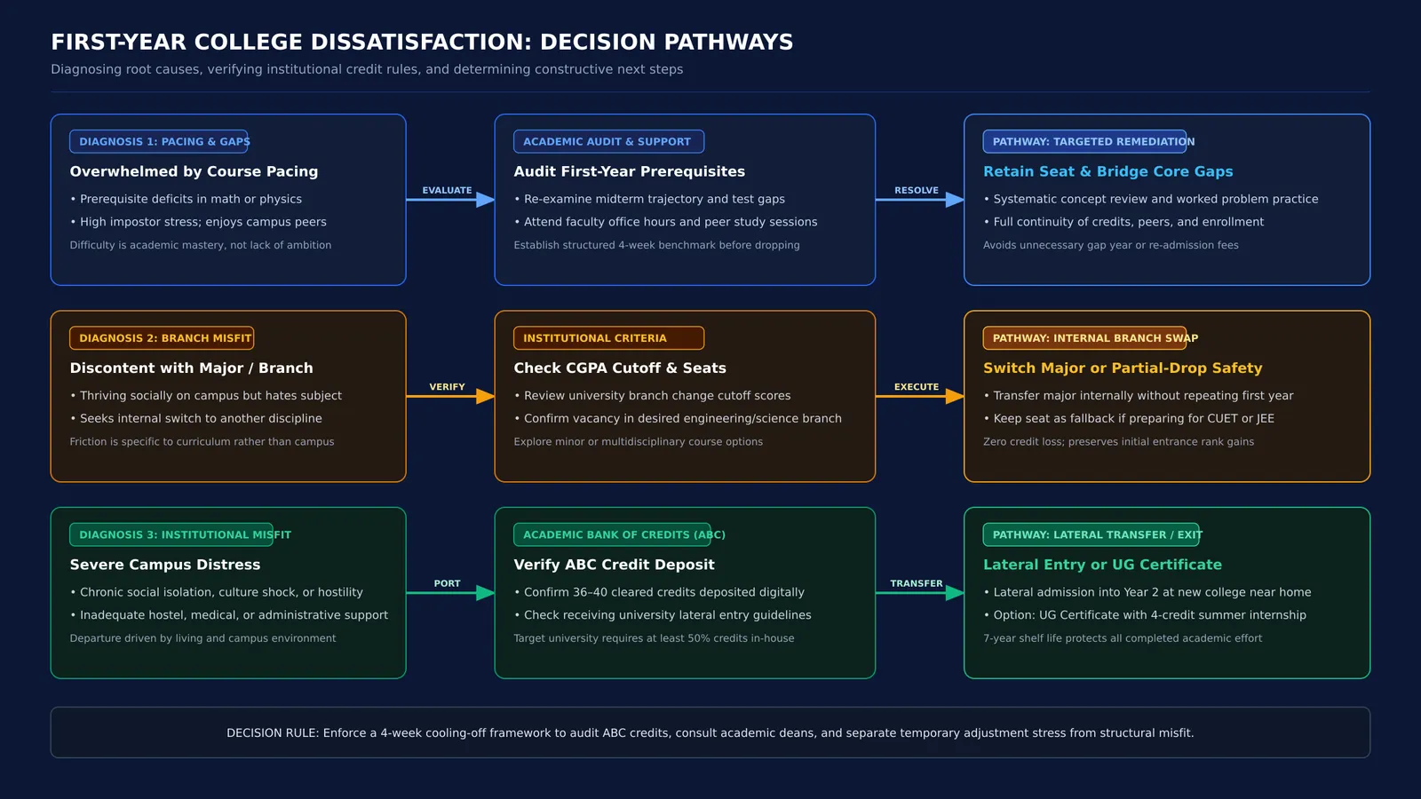 Decision flowchart mapping student first-year college dissatisfaction to credit transfer and academic options
