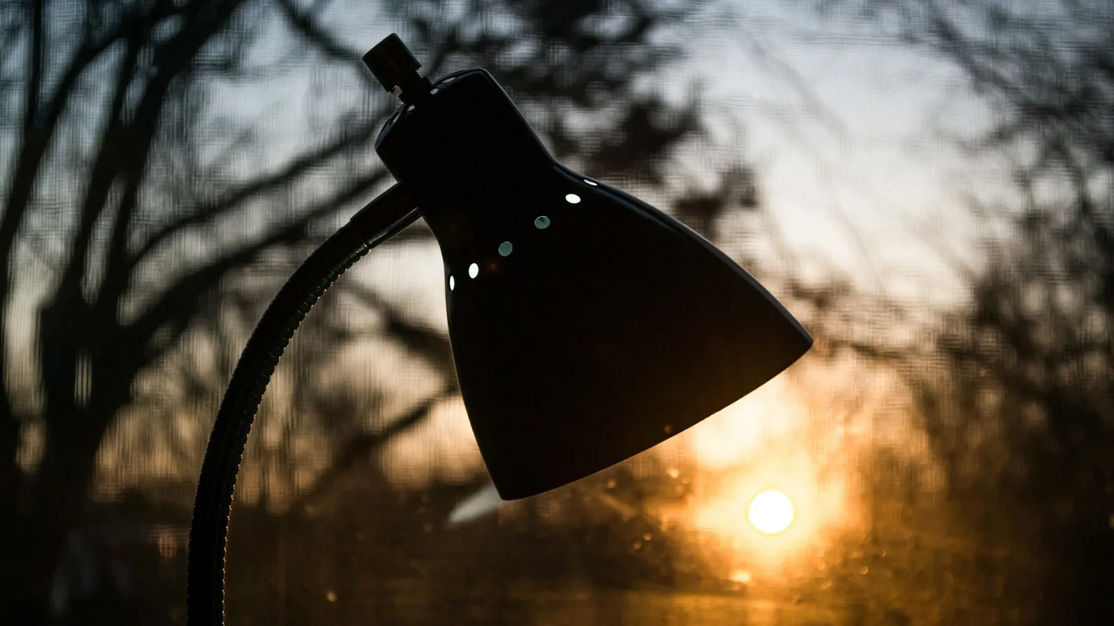 Desk lamp silhouetted against the sun through a window
