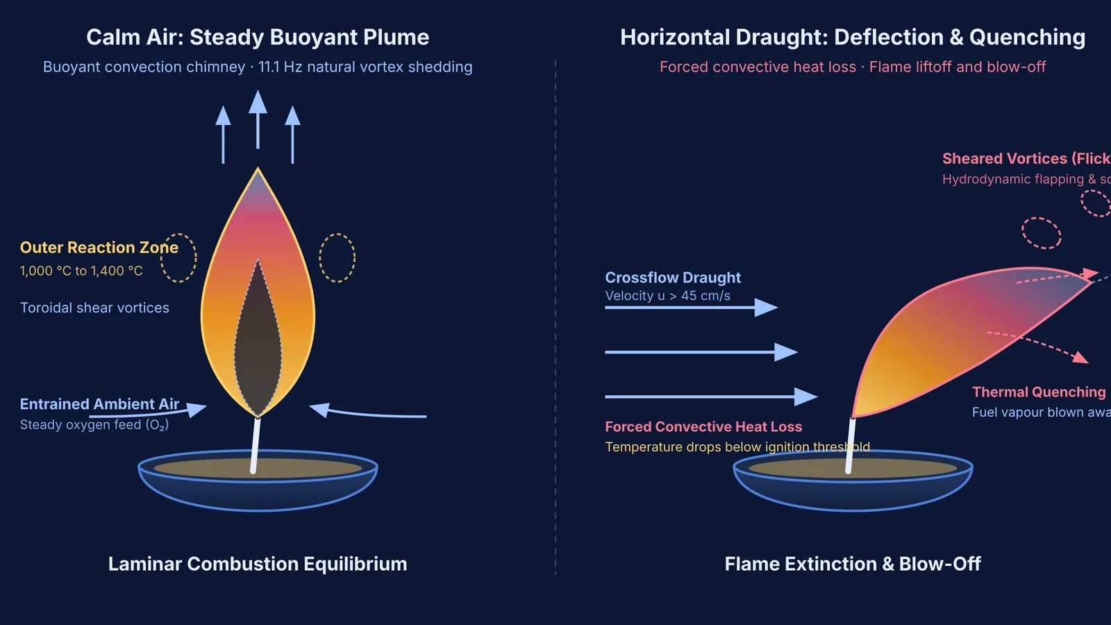 Diagram comparing a steady buoyant diya flame with draught-induced flickering and thermal quenching