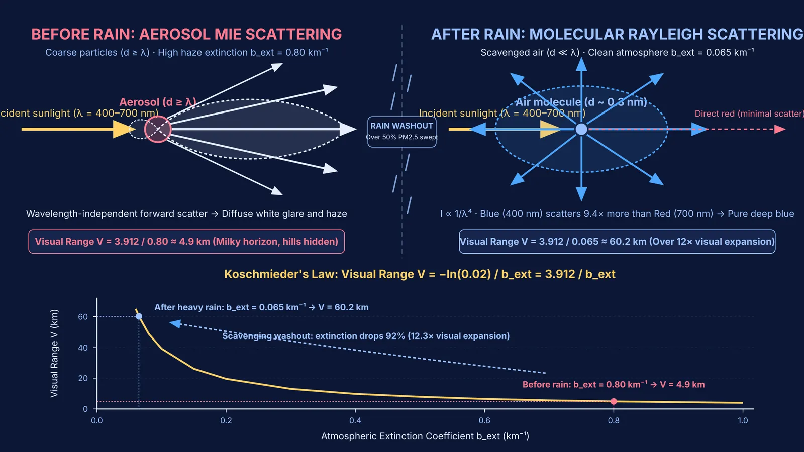 Diagram comparing aerosol Mie haze and molecular Rayleigh scattering with Koschmieder visual range curve