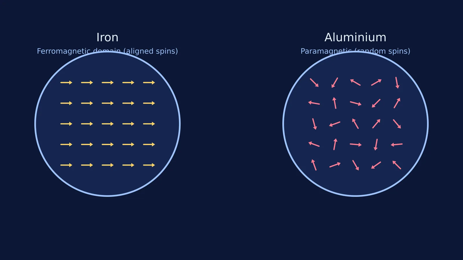 Diagram comparing aligned ferromagnetic domains in iron to random paramagnetic spins in aluminium.