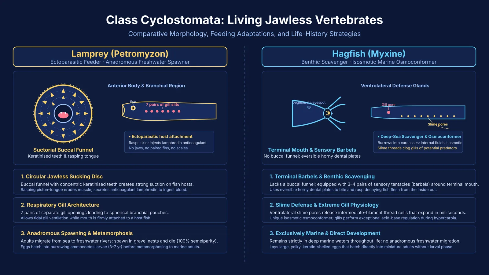 Diagram comparing anatomical features and life cycles of lamprey and hagfish