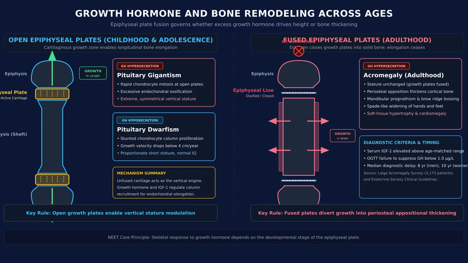 Diagram comparing bone growth mechanisms in dwarfism, gigantism, and acromegaly across ages
