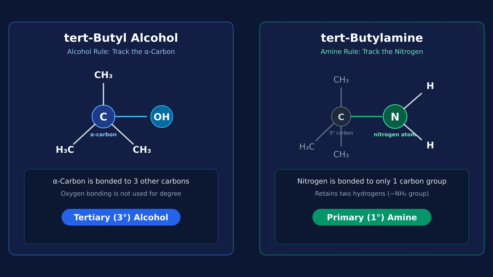 Diagram comparing carbon-centric tertiary alcohol and nitrogen-centric primary amine classification