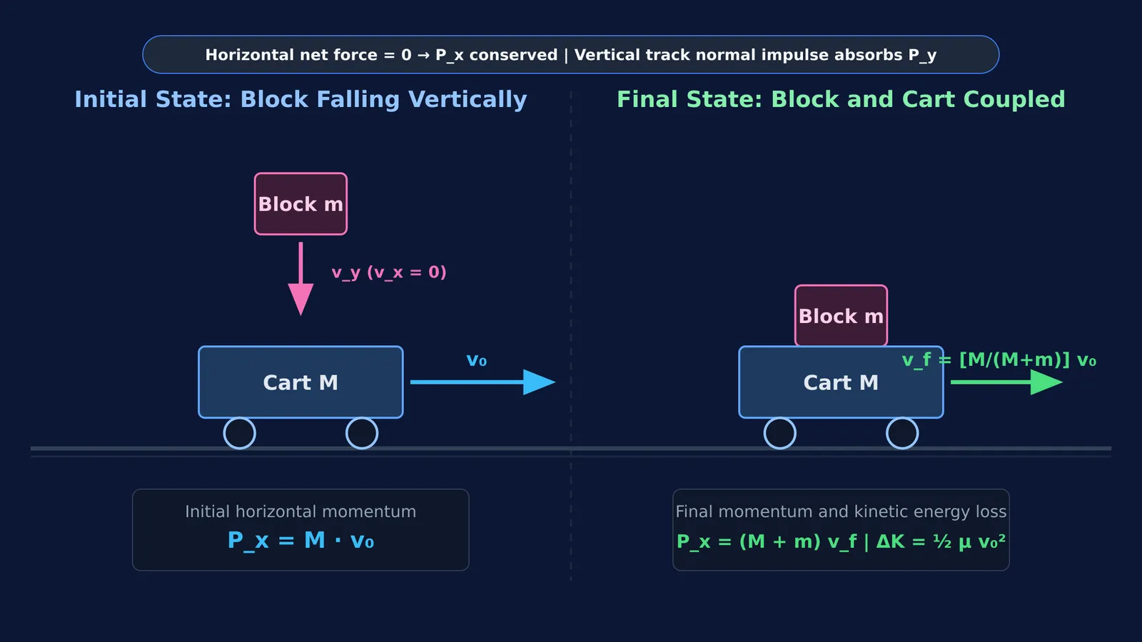Diagram comparing cart speed before and after a vertical block drop