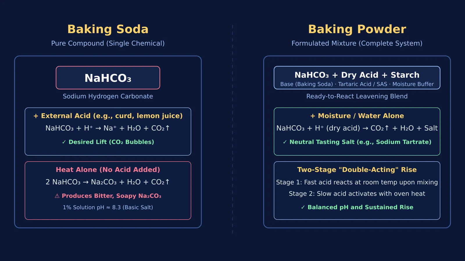 Diagram comparing chemical compositions and reaction pathways of baking soda and baking powder