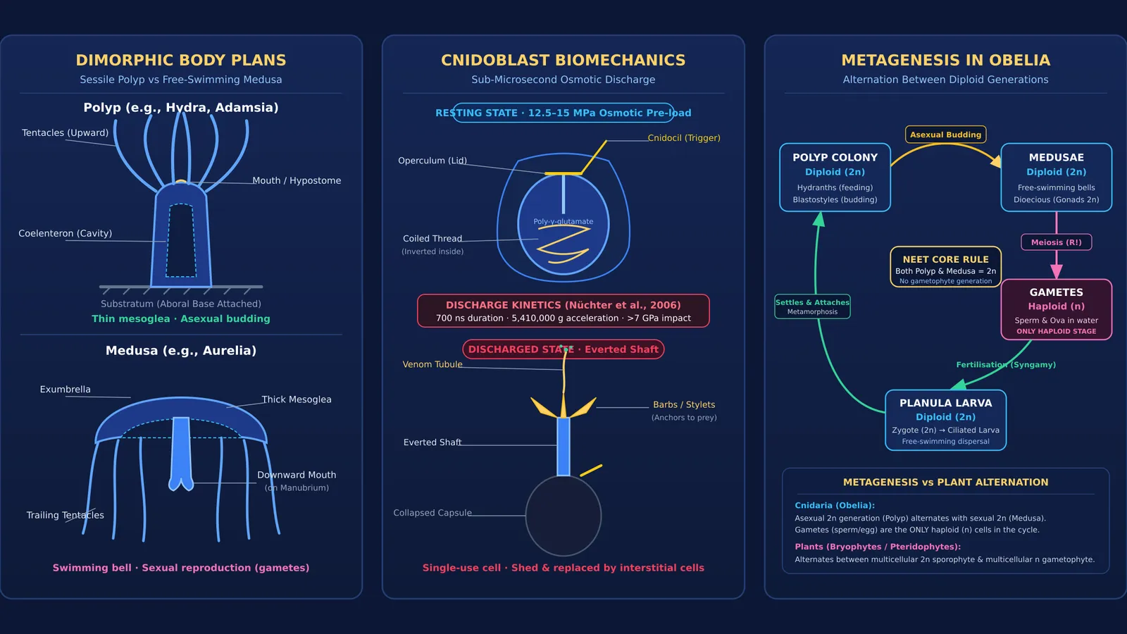 Diagram comparing cnidarian body forms, cnidoblast firing mechanism, and the Obelia metagenesis life cycle