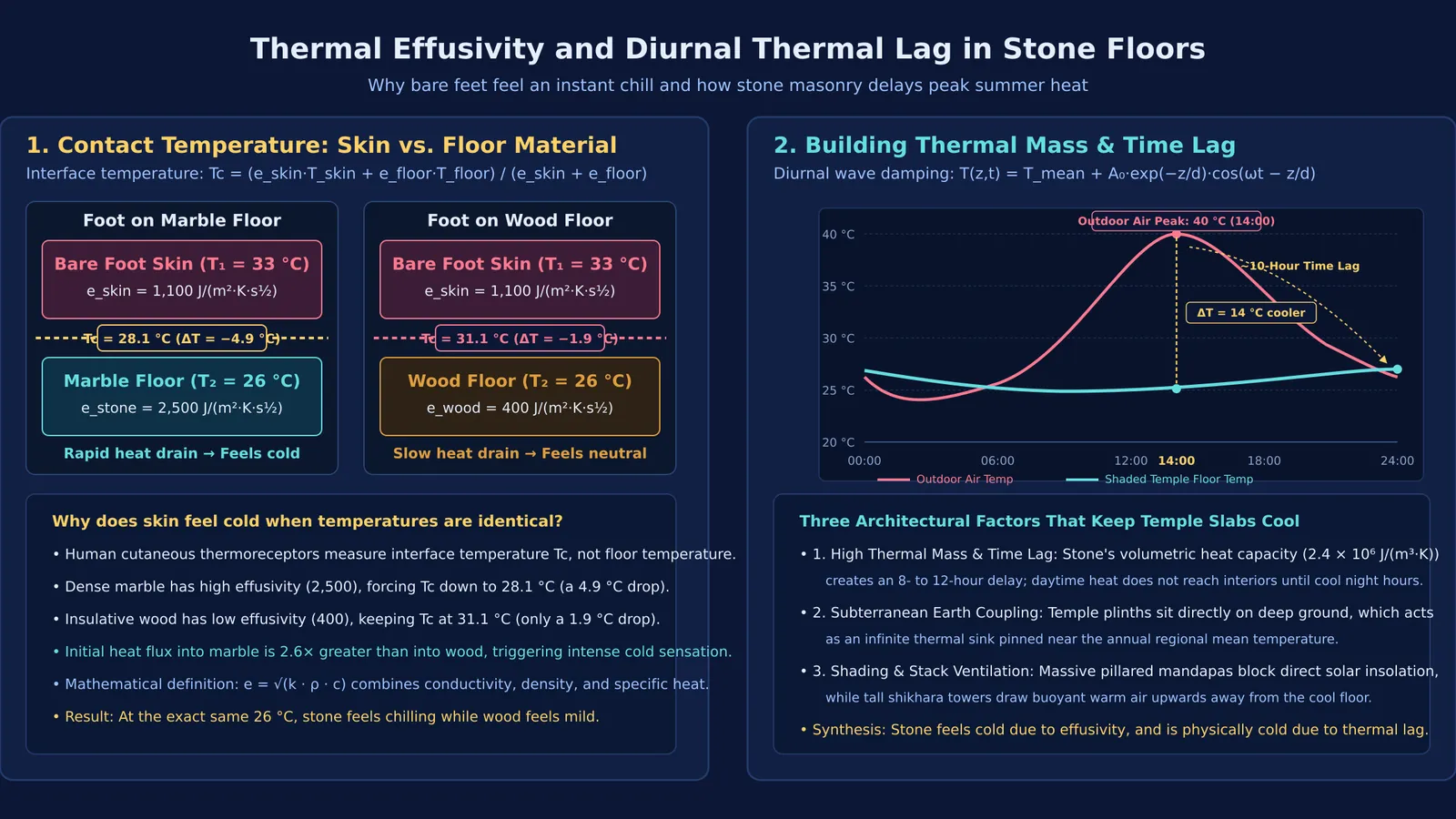 Diagram comparing contact temperature on stone versus wood, and heat wave damping with depth.