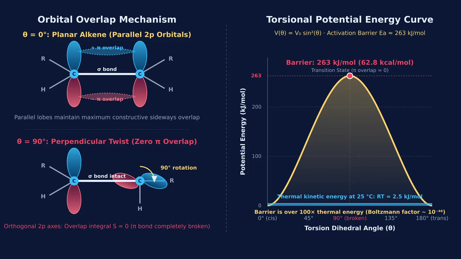 Diagram comparing double-bond orbital overlap and rotational energy barrier curve