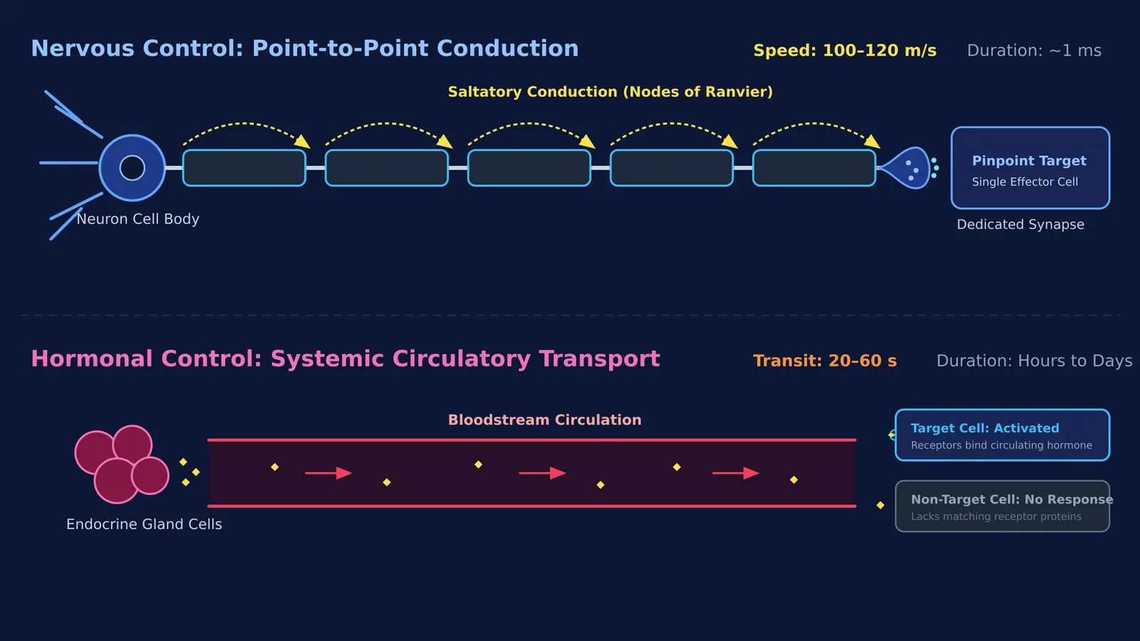 Diagram comparing electrical nerve impulse conduction with blood-borne hormonal signalling pathways.