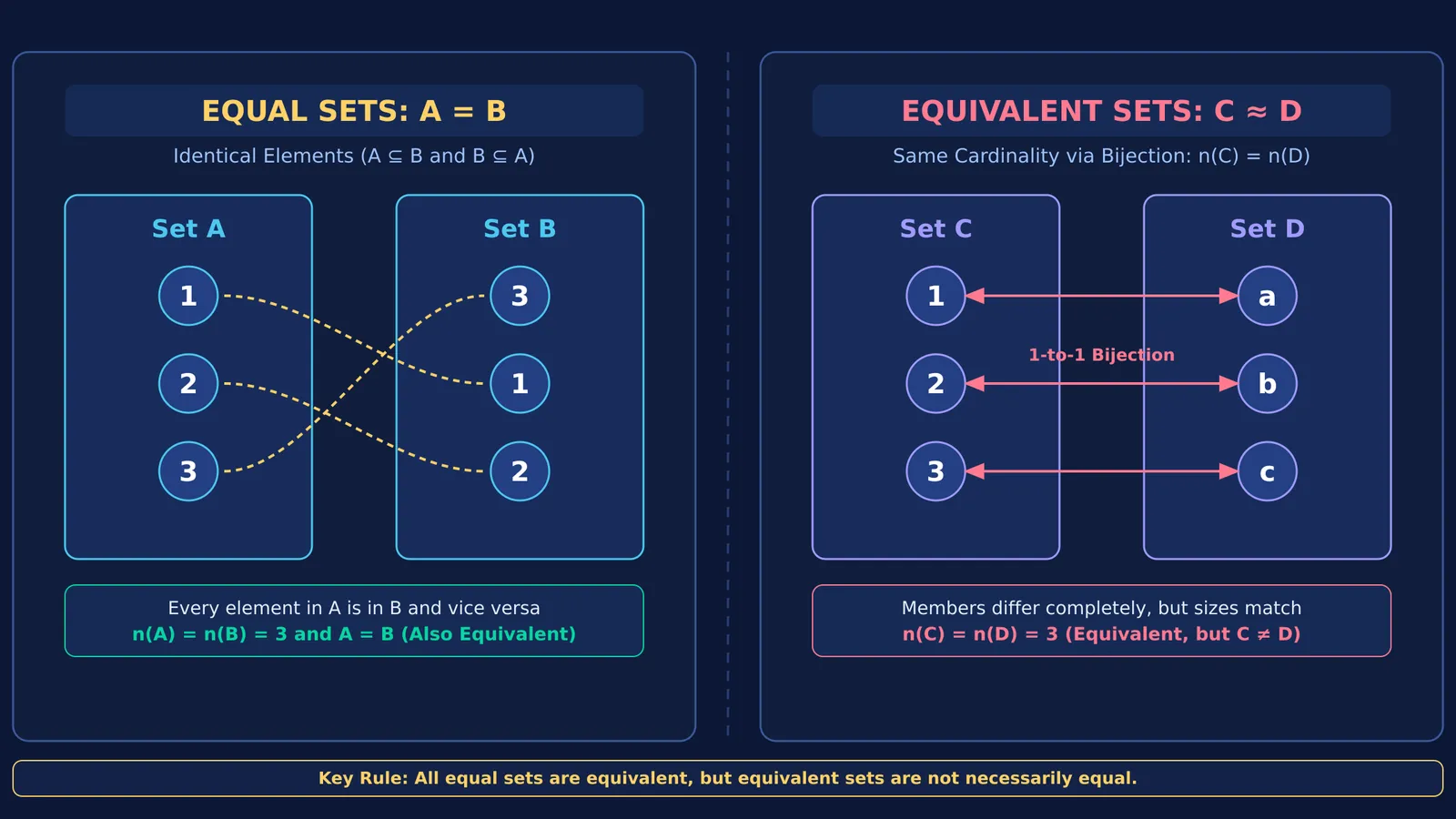 Diagram comparing equal sets with identical elements against equivalent sets with matching cardinality