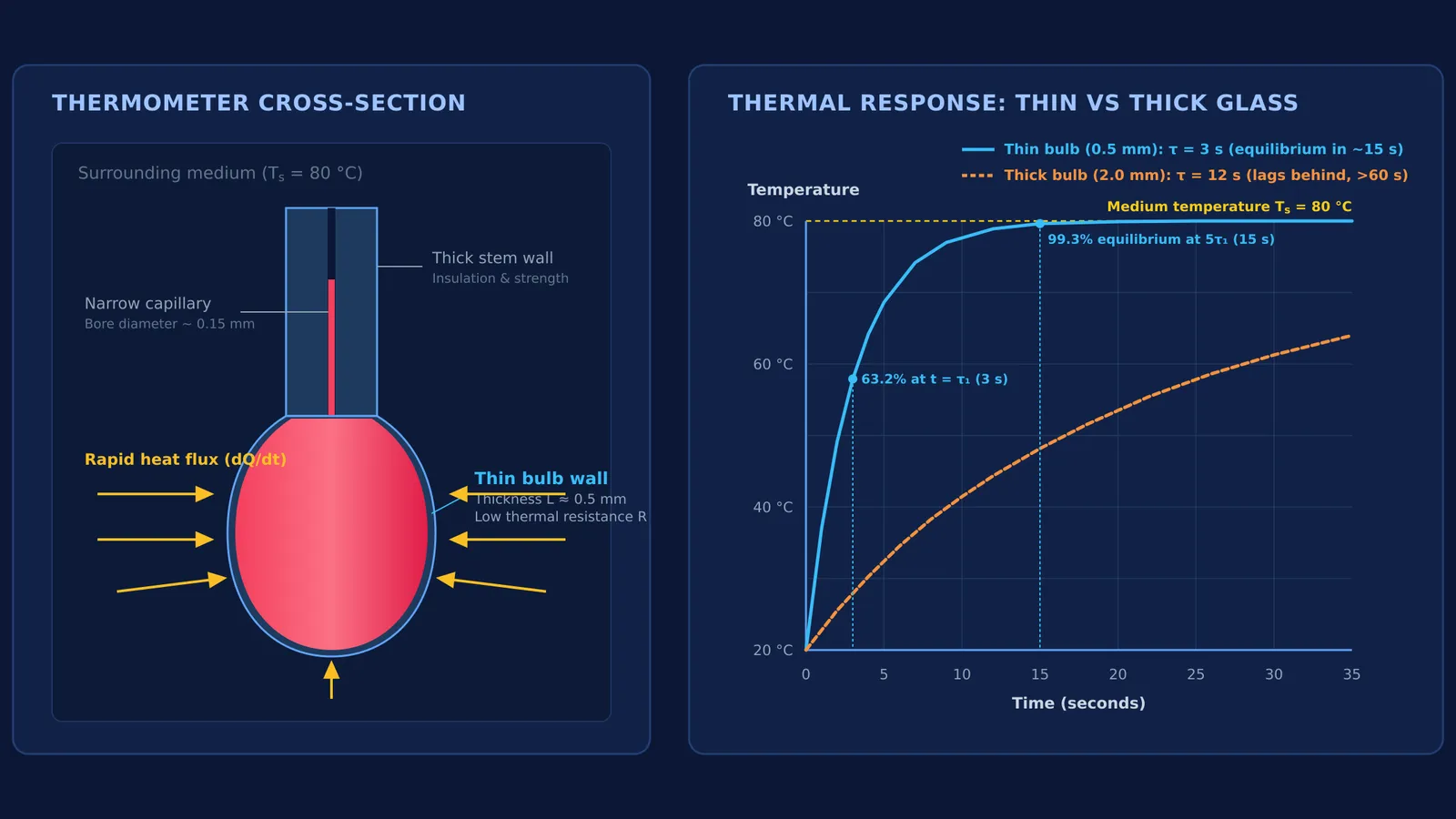 Diagram comparing heat conduction in thin thermometer bulb with exponential temperature response curves
