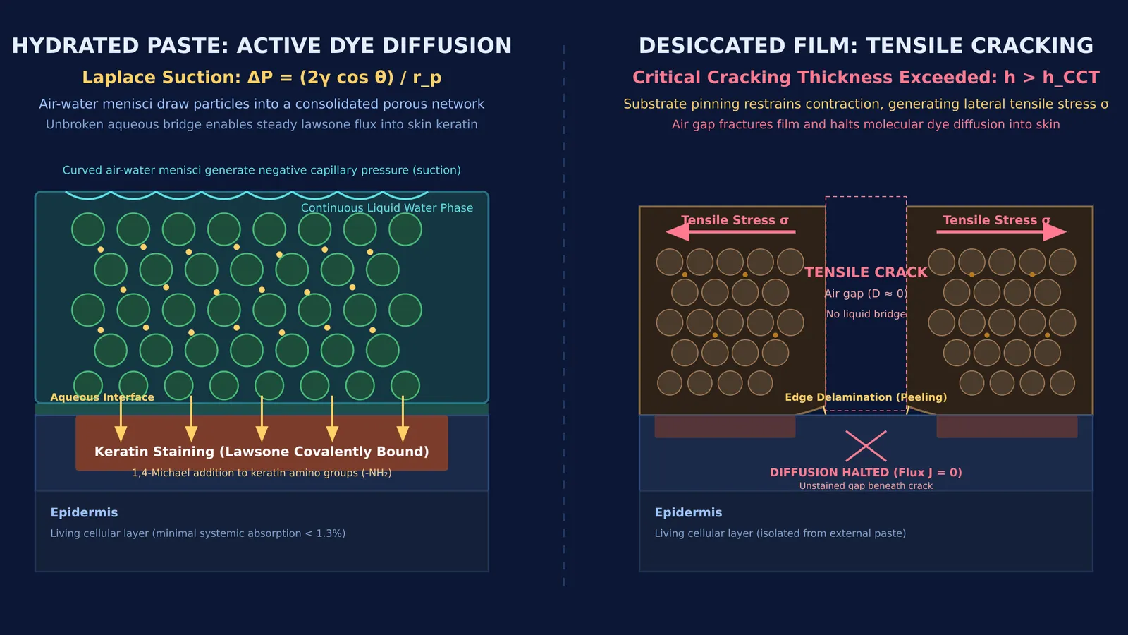 Diagram comparing hydrated henna paste dye diffusion with desiccated film capillary cracking.