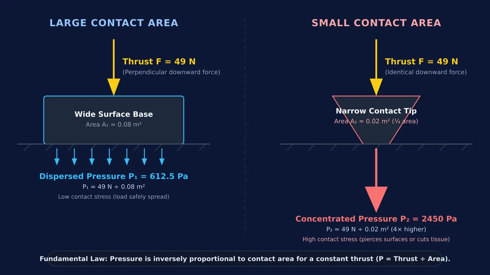 Diagram comparing identical thrust distributed across large area versus concentrated on small area