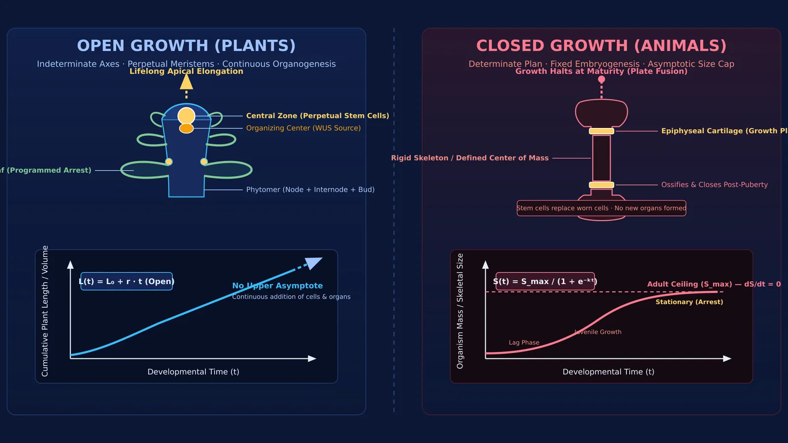 Diagram comparing indeterminate plant growth from apical meristems with determinate animal growth curves