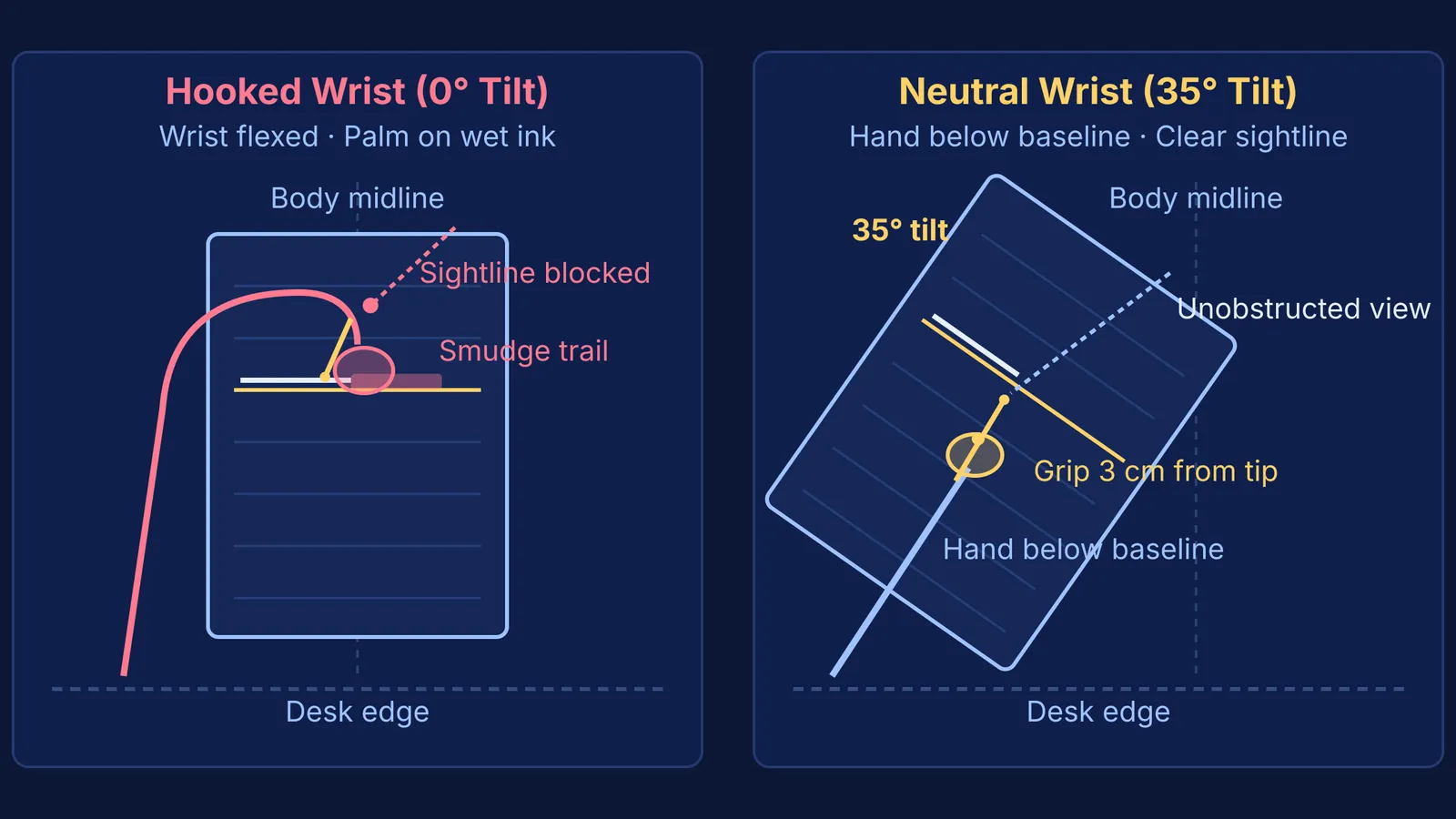 Diagram comparing left-handed hooked wrist posture with underwriting on tilted paper