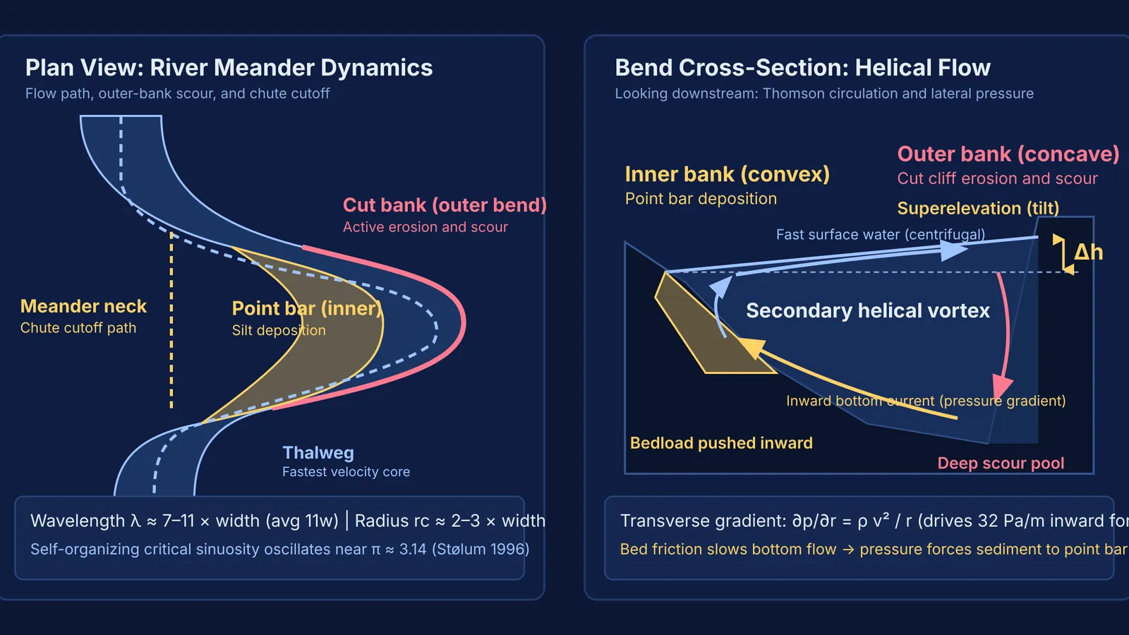 Diagram comparing meander loop planform dynamics with river bend cross-sectional secondary helical flow