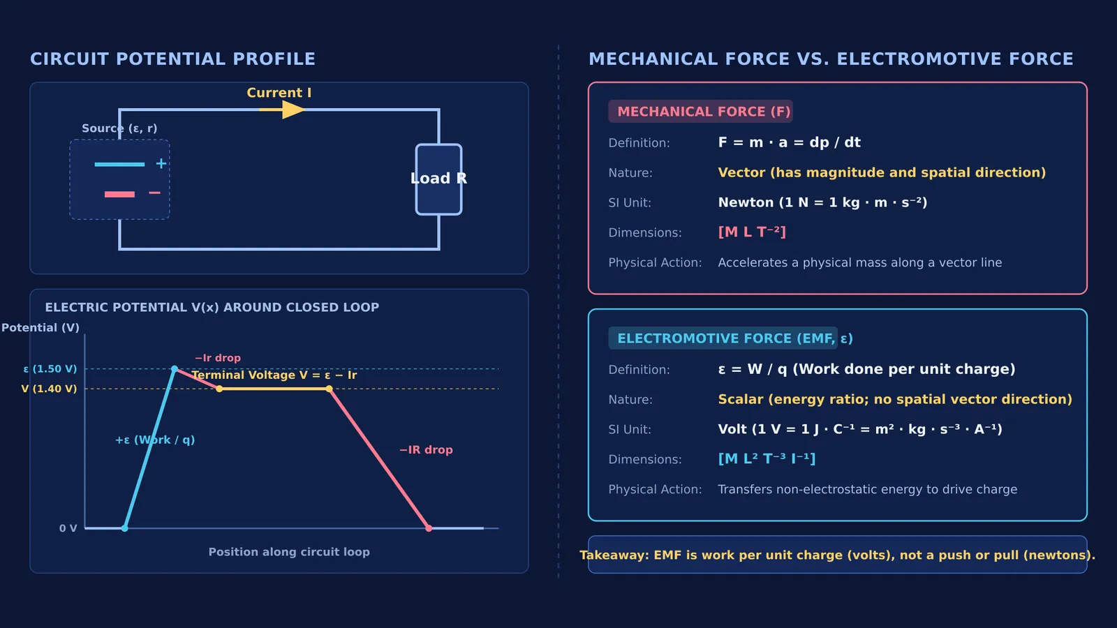 Diagram comparing mechanical force in newtons with electromotive force in volts along a circuit