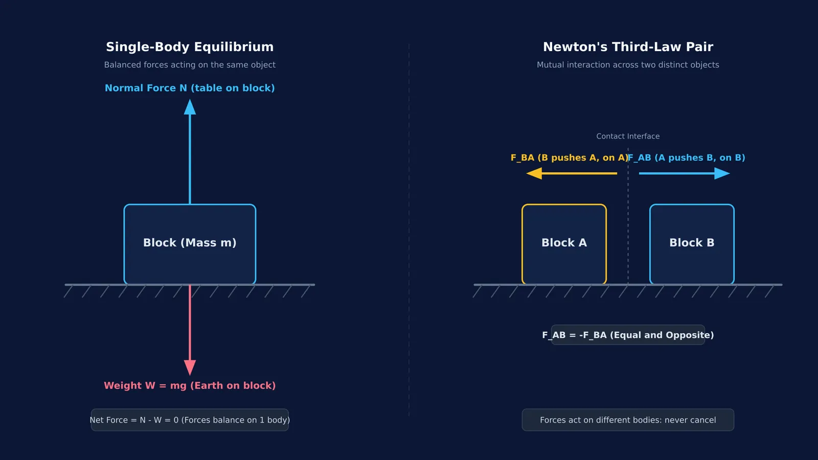 Diagram comparing Newton's third-law force pairs across two bodies with single-body equilibrium forces