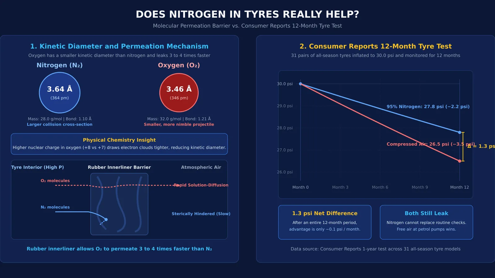 Diagram comparing nitrogen and oxygen permeation through tyre rubber with twelve-month pressure loss curves