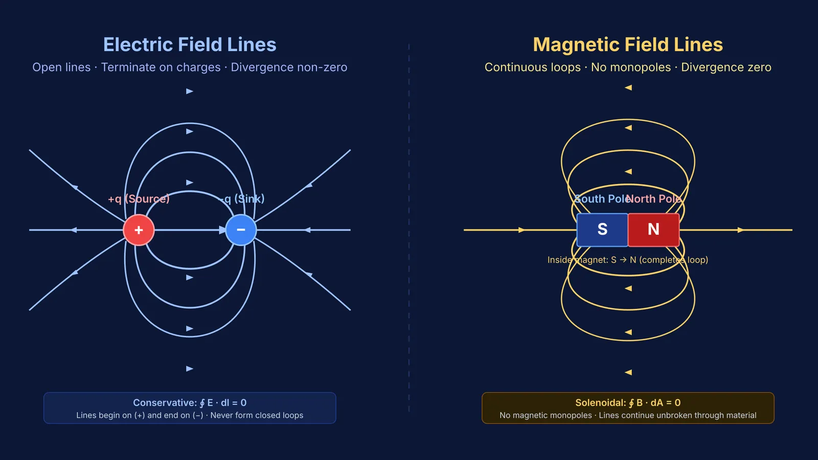Diagram comparing open electric field lines with continuous closed magnetic field loops