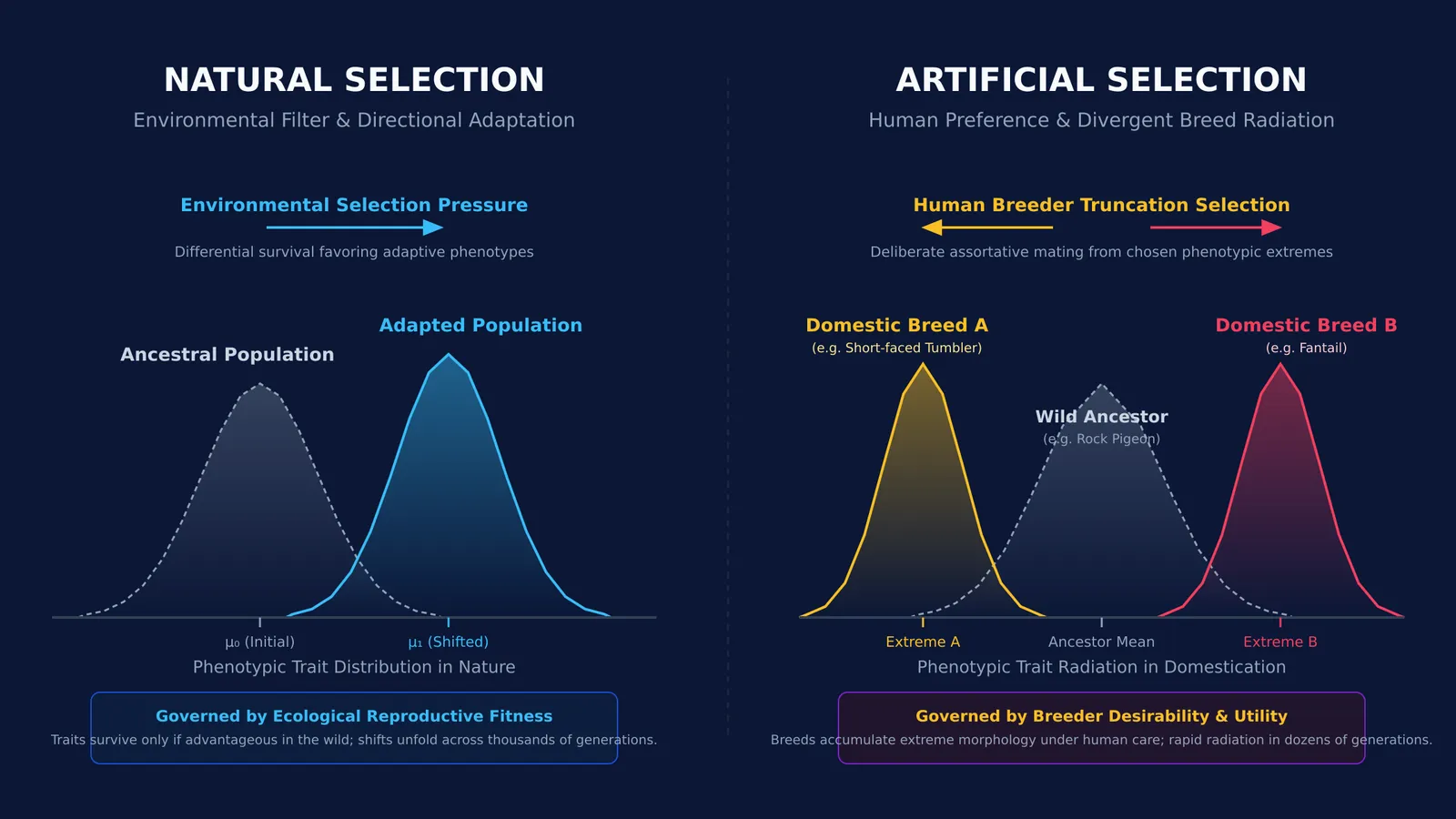 Diagram comparing population trait distributions under natural selection and artificial selection