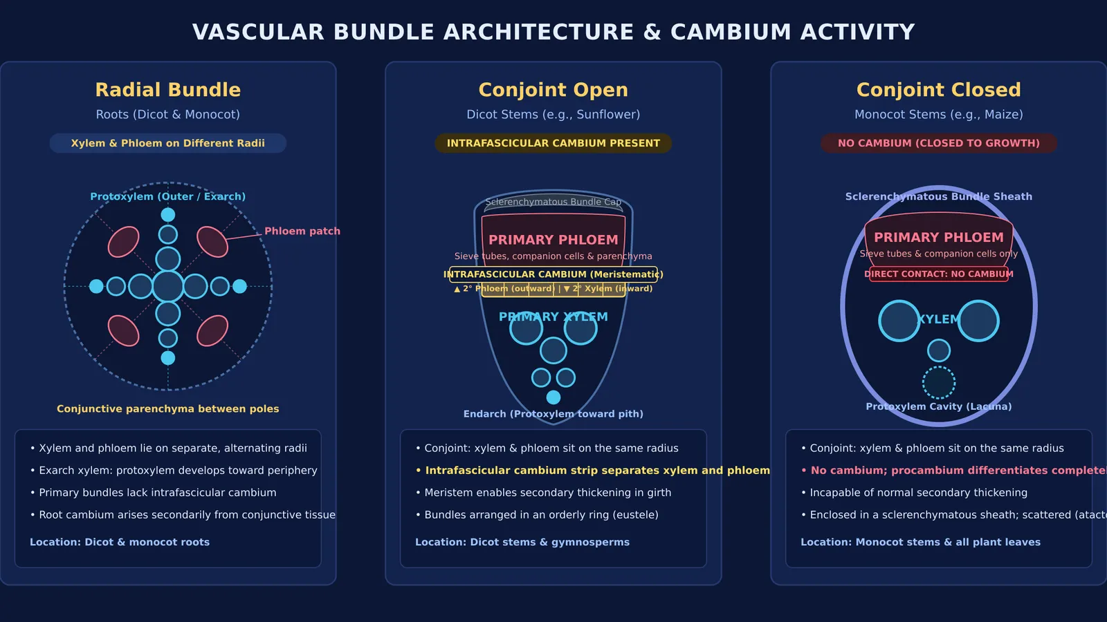 Diagram comparing radial, conjoint open, and conjoint closed vascular bundles in plants