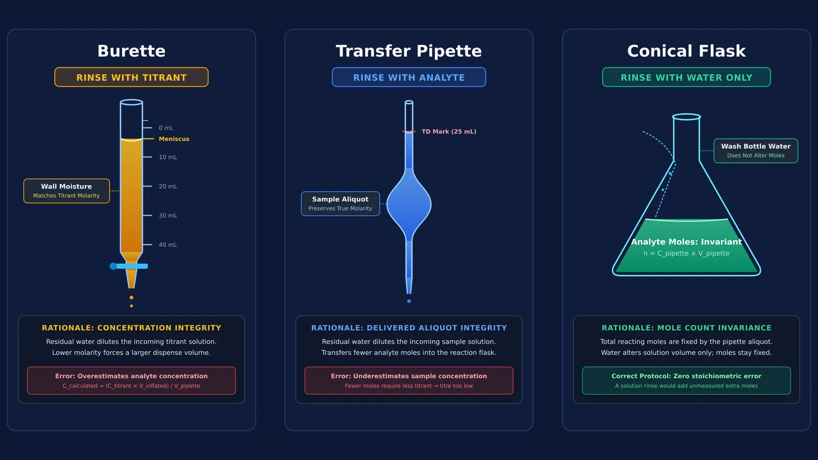 Diagram comparing rinsing rules for burette, pipette, and conical flask in titration