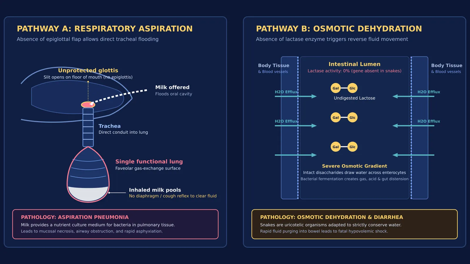 Diagram comparing snake respiratory aspiration into lung and osmotic fluid loss from milk
