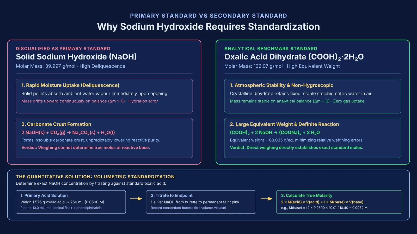 Diagram comparing sodium hydroxide instability with stable oxalic acid standardisation in volumetric titration