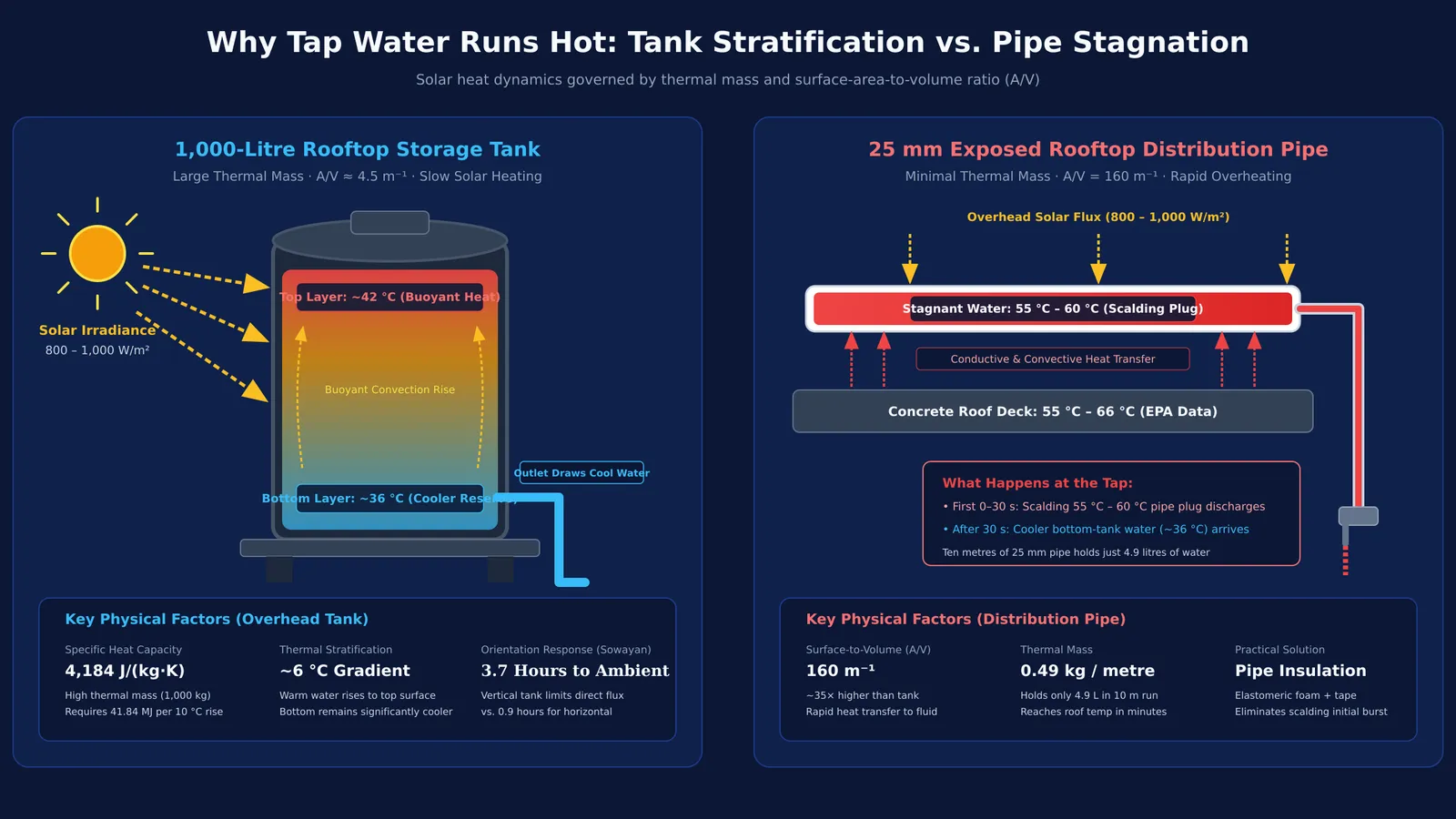 Diagram comparing solar heat absorption in a rooftop water tank versus exposed plumbing pipes