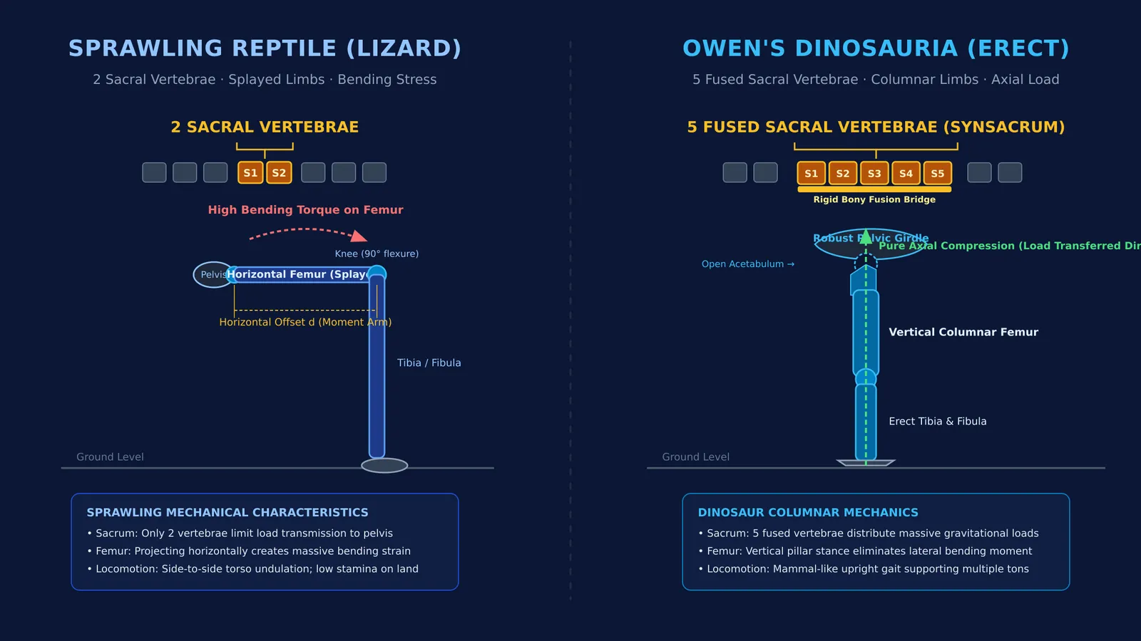 Diagram comparing sprawling lizard anatomy with dinosaur upright limbs and fused sacral vertebrae
