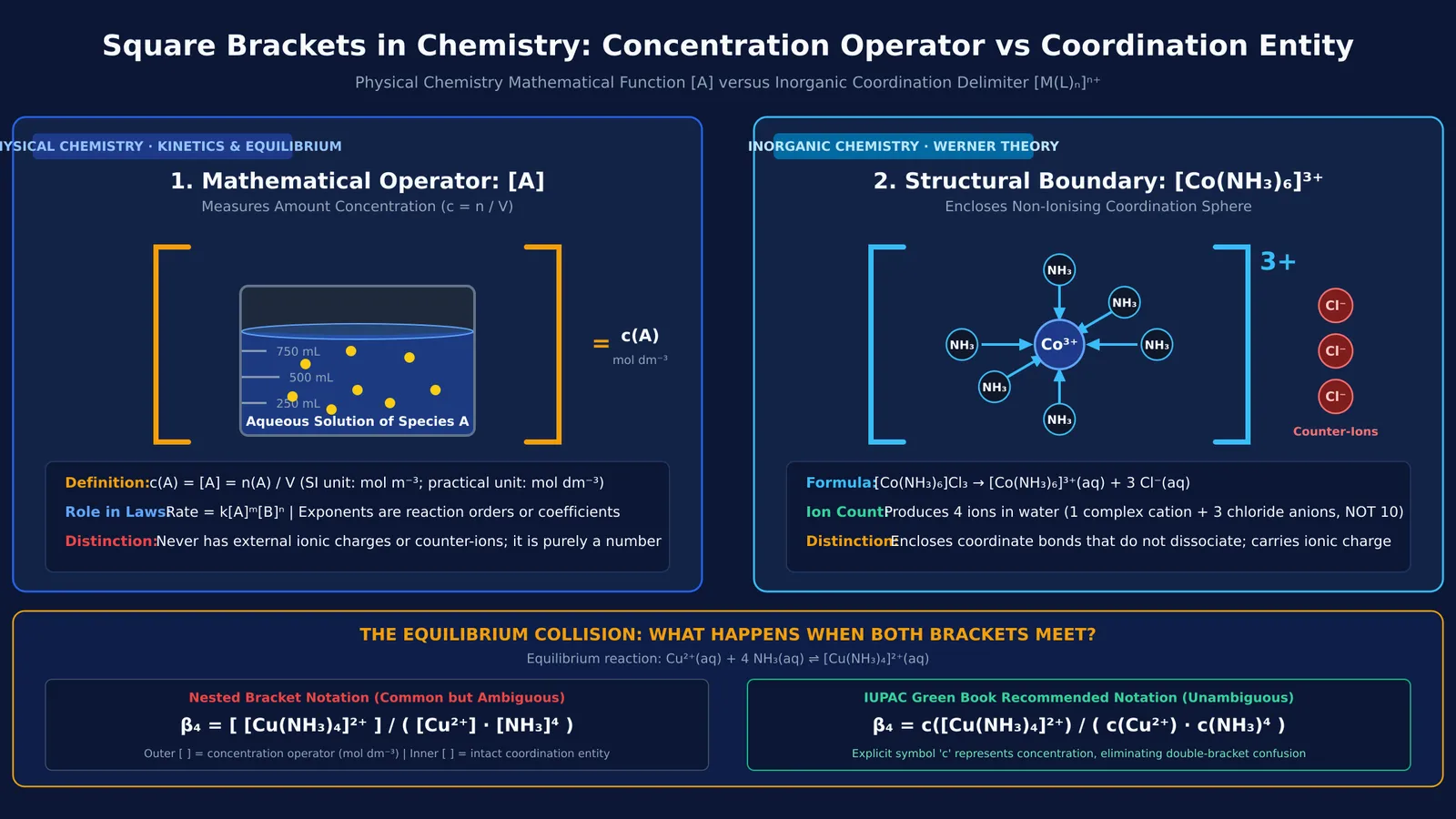 Diagram comparing square brackets as concentration operator versus coordination complex structural delimiter