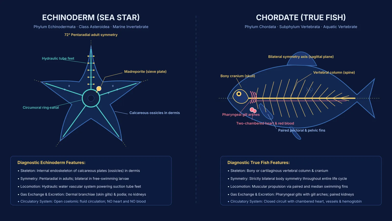 Diagram comparing starfish pentaradial echinoderm anatomy with bilateral vertebrate fish body plan