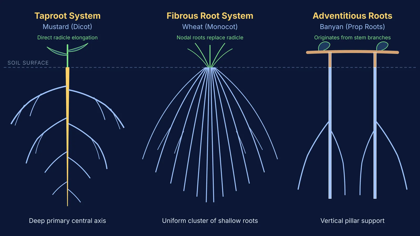 Diagram comparing taproot in mustard, fibrous roots in wheat, and adventitious roots in banyan