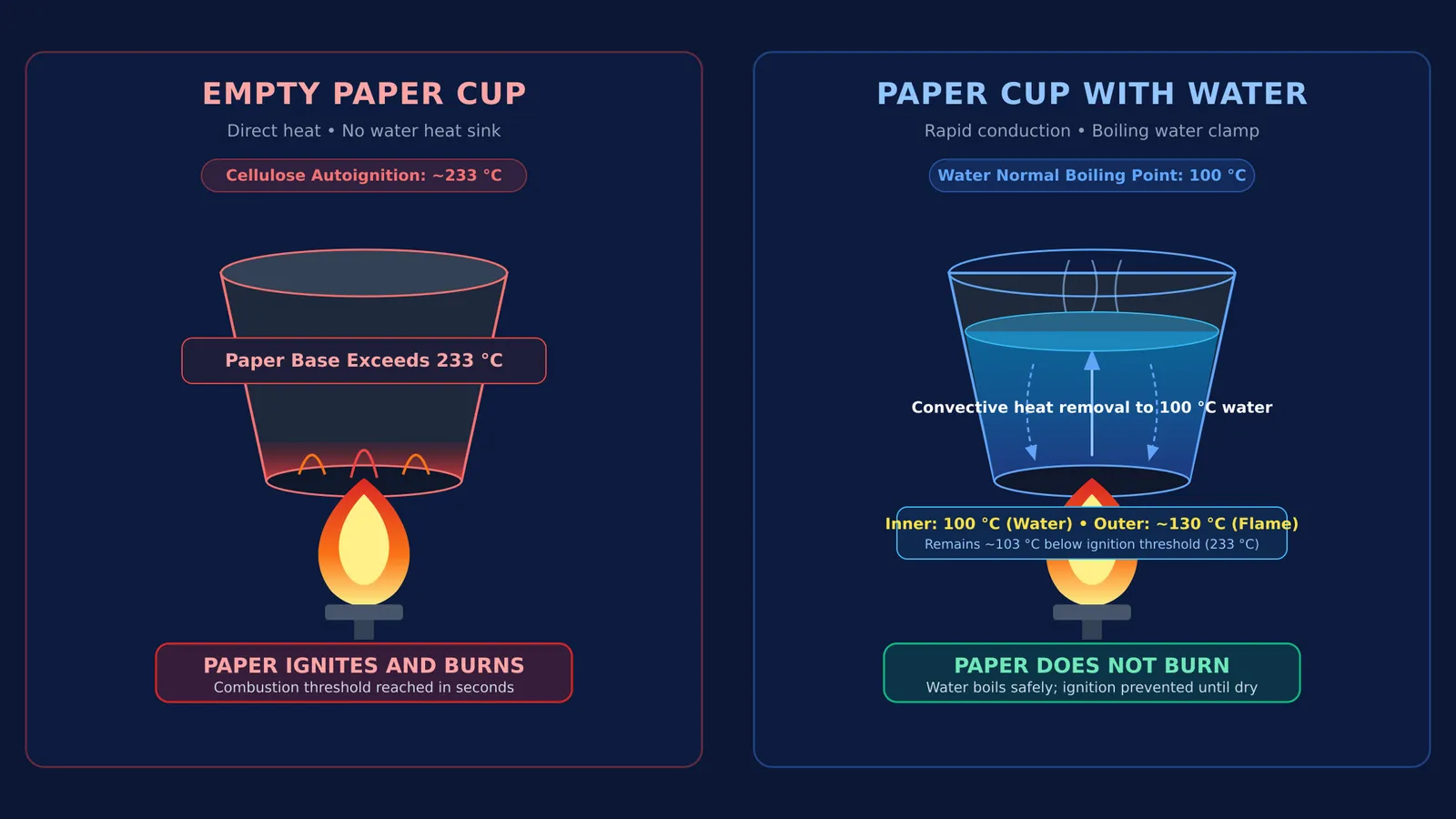 Diagram comparing thermal conduction and ignition in empty and water-filled paper cups