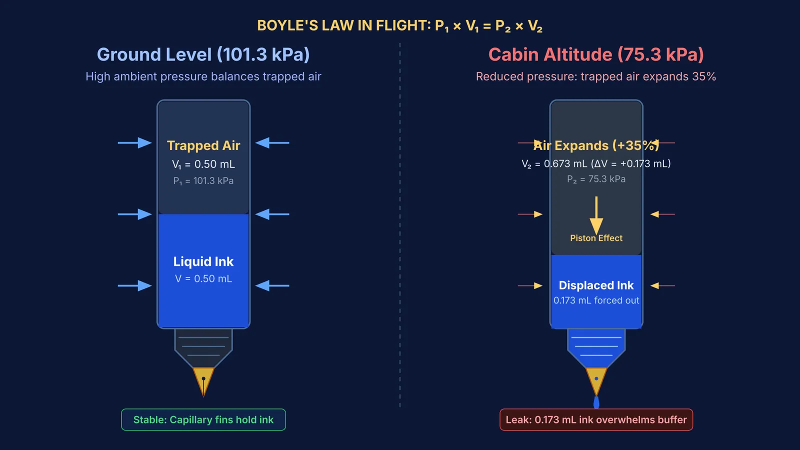 Diagram comparing trapped air expansion and ink displacement at ground level versus cabin altitude