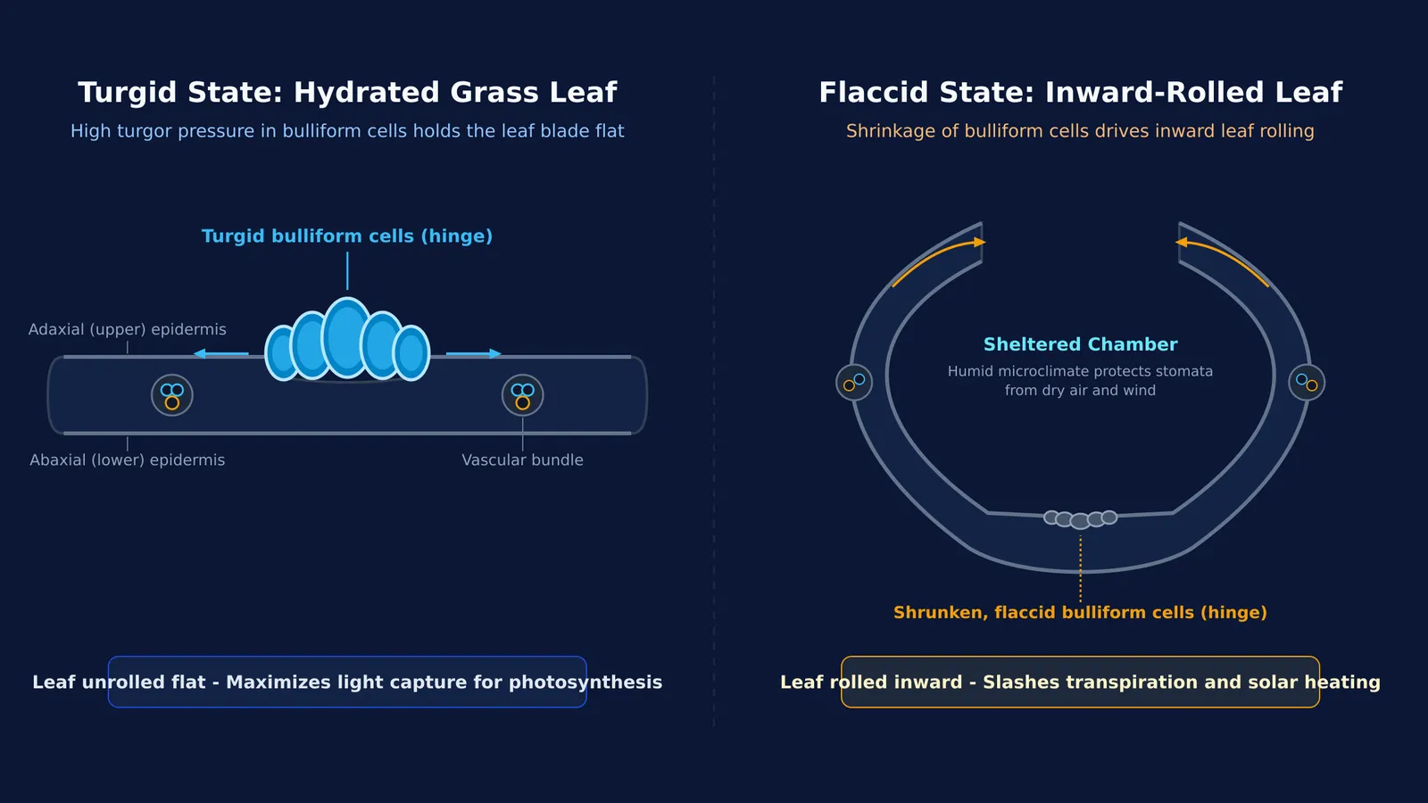 Diagram comparing turgid open grass leaf with flaccid inward-rolled leaf cross-sections.