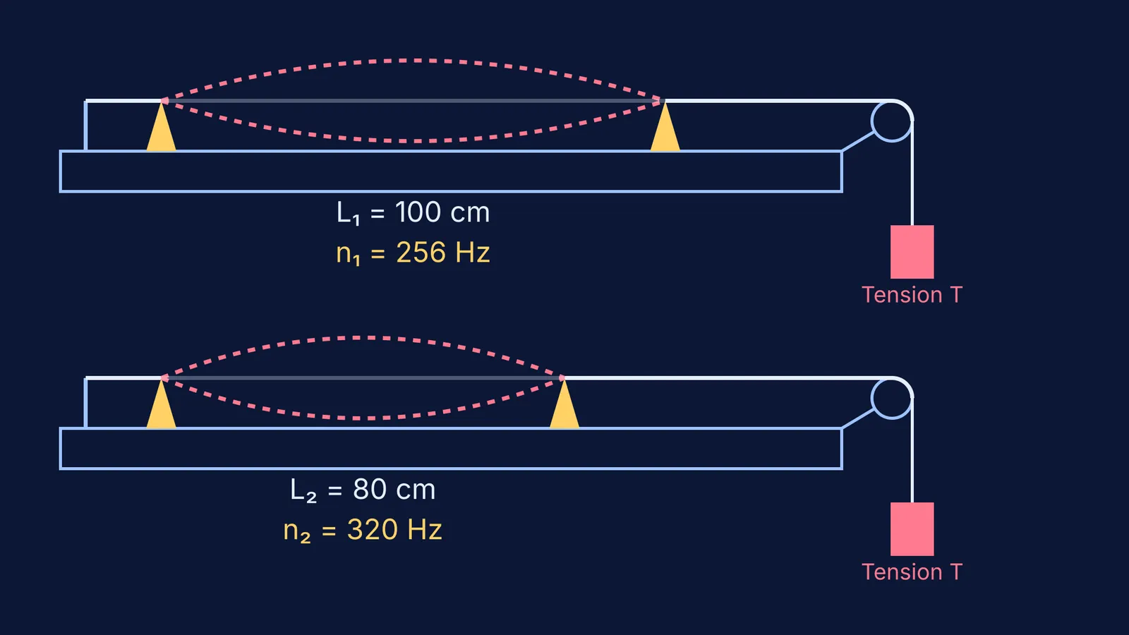 Diagram comparing two sonometer wires resonating at different lengths.