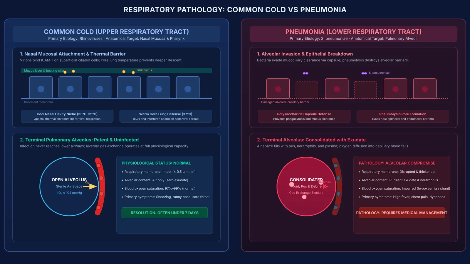 Diagram comparing upper airway rhinovirus infection with alveolar consolidation in bacterial pneumonia